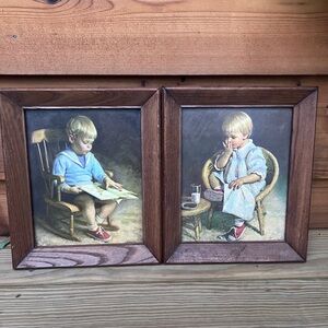 Vintage Wooden Framed Child Portraits - Brown